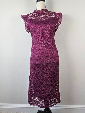 Enfocus Studio Magenta Sheath Lace Floral Midi Cocktail Dress Women's Size 6